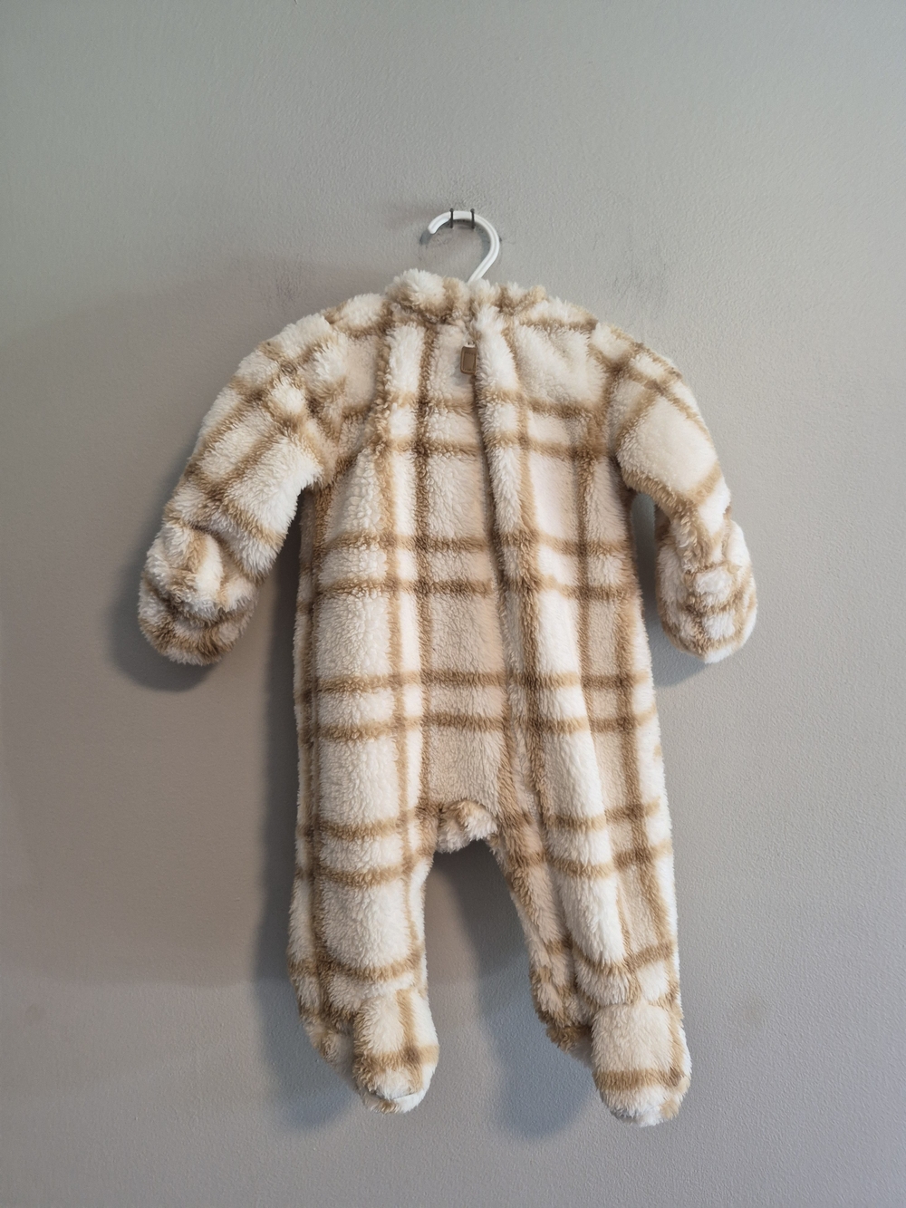 Carter's 3m White and Tan Plaid Fleece Zip Up Hooded Bunting Suit